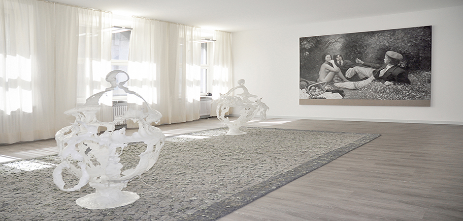  Sultan Acar, carpet | Raphaela Vogel, sculpture | Christian Jankowski, painting | Installation in the Wurlitzer PTC collection in cooperation with Art Week Berlin